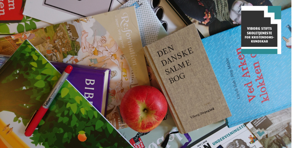 Billedet viser en samling af forskellige bøger og materialer spredt ud. I midten er en bog med titlen “DEN DANSKE SALMEBOG” med et brunligt omslag. Der er flere bøger med forskellige farver og design af omslag, inklusive en, der ser ud til at være en tegneserie eller børnebog, og andre med billeder af mennesker på dem. Et rødt æble ligger blandt bøgerne, og der er også et par rullede papirer eller plakater synlige i billedet.